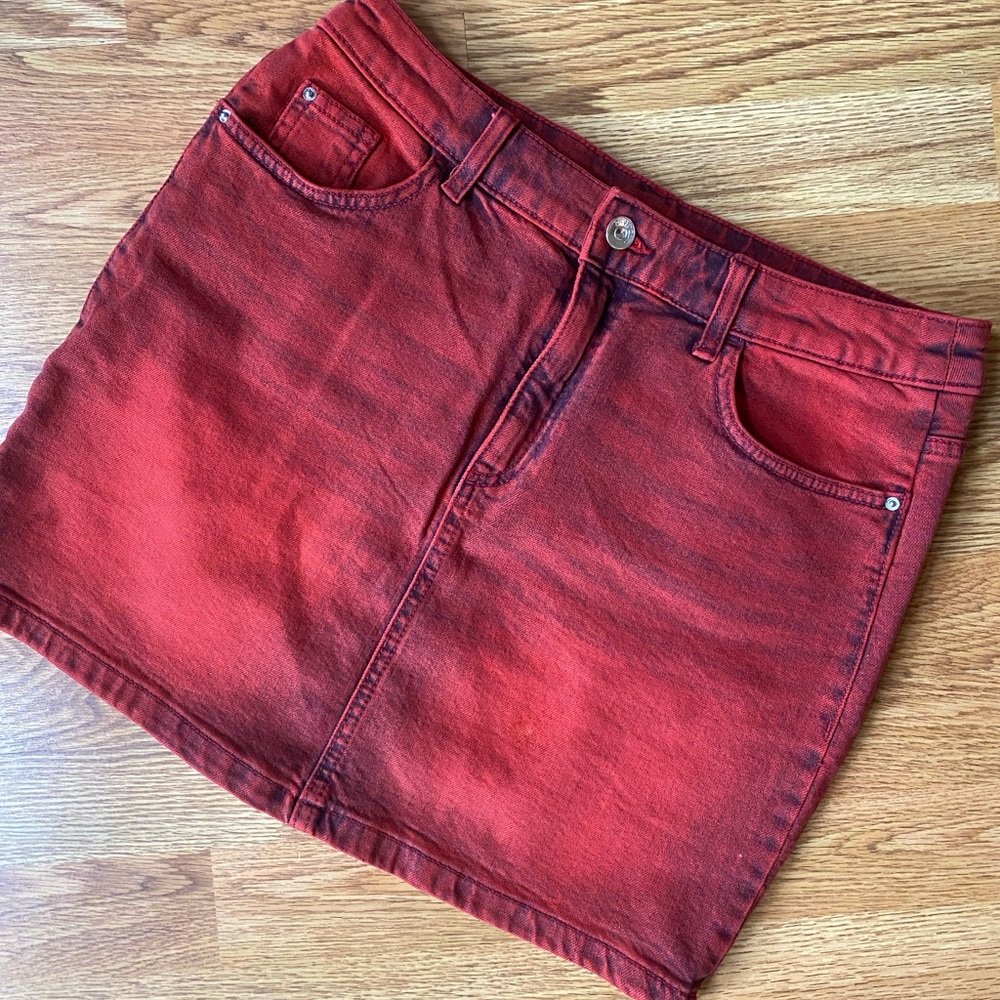 Divided Red Washed Jean Skirt